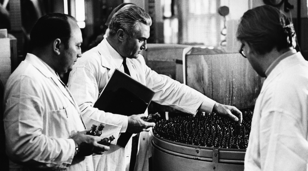 Herren in Kitteln mit kleinen Glasflaschen